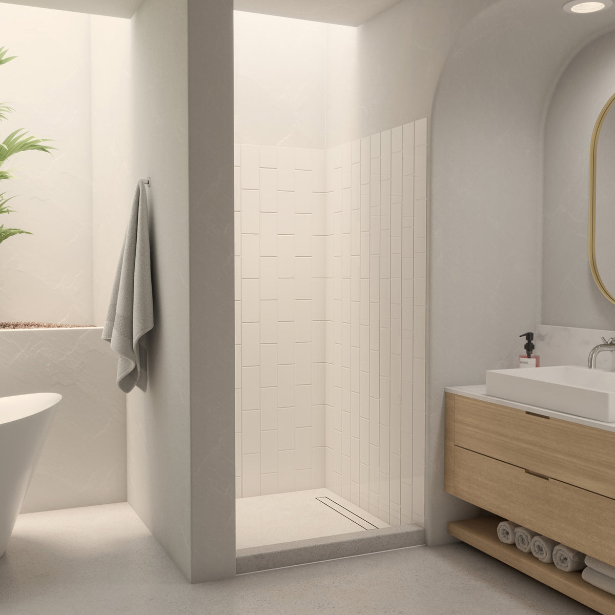 QWALL-VS acrylic alcove shower wall kit in white installed in a bathroom