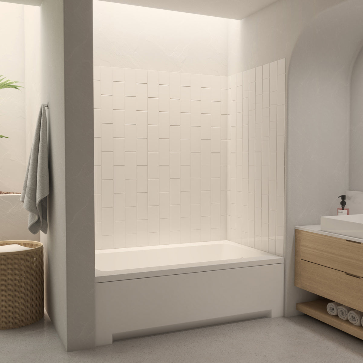 QWALL-VS acrylic shower wall kit in white installed over a bathtub