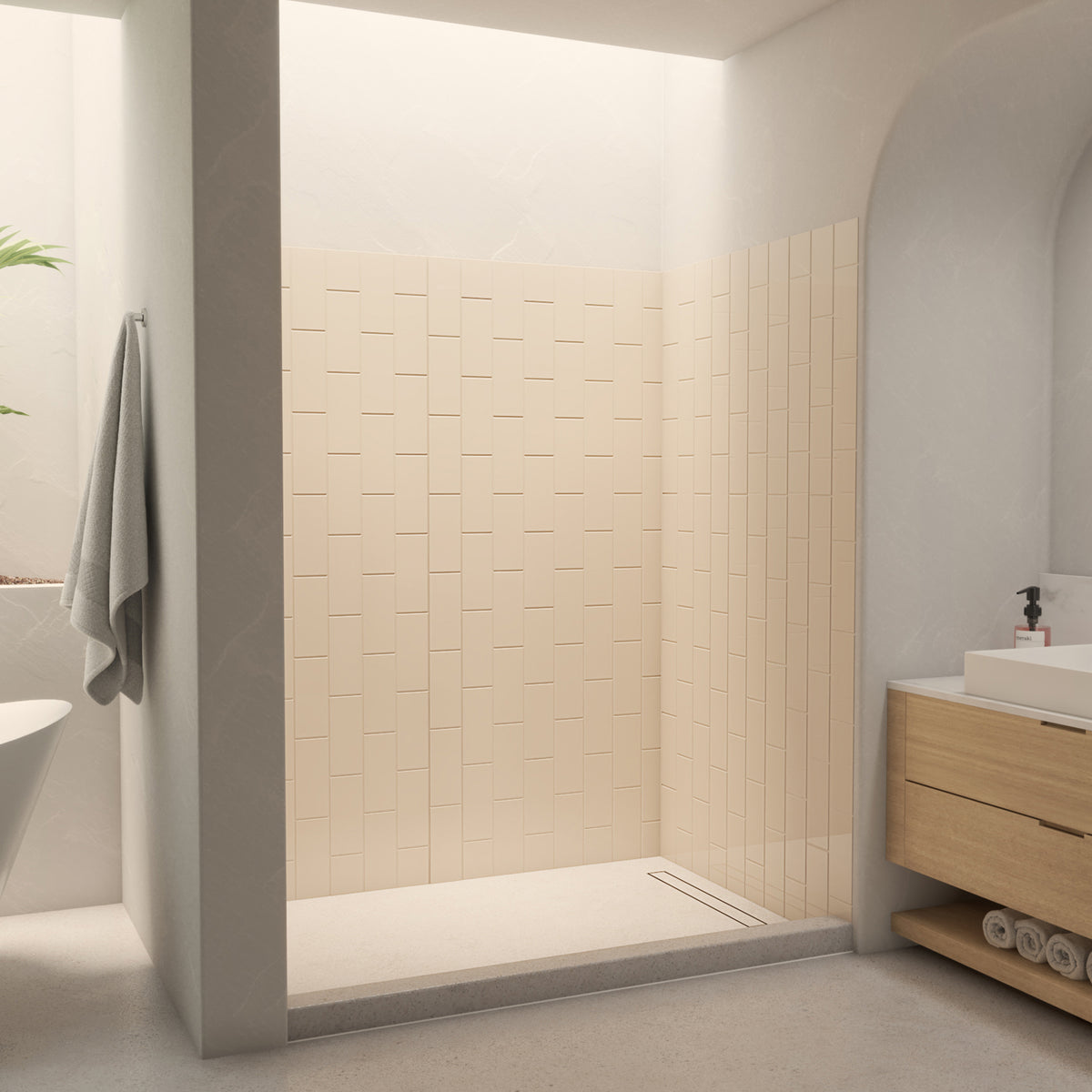 QWALL-VS acrylic alcove shower wall kit in biscuit installed in a bathroom