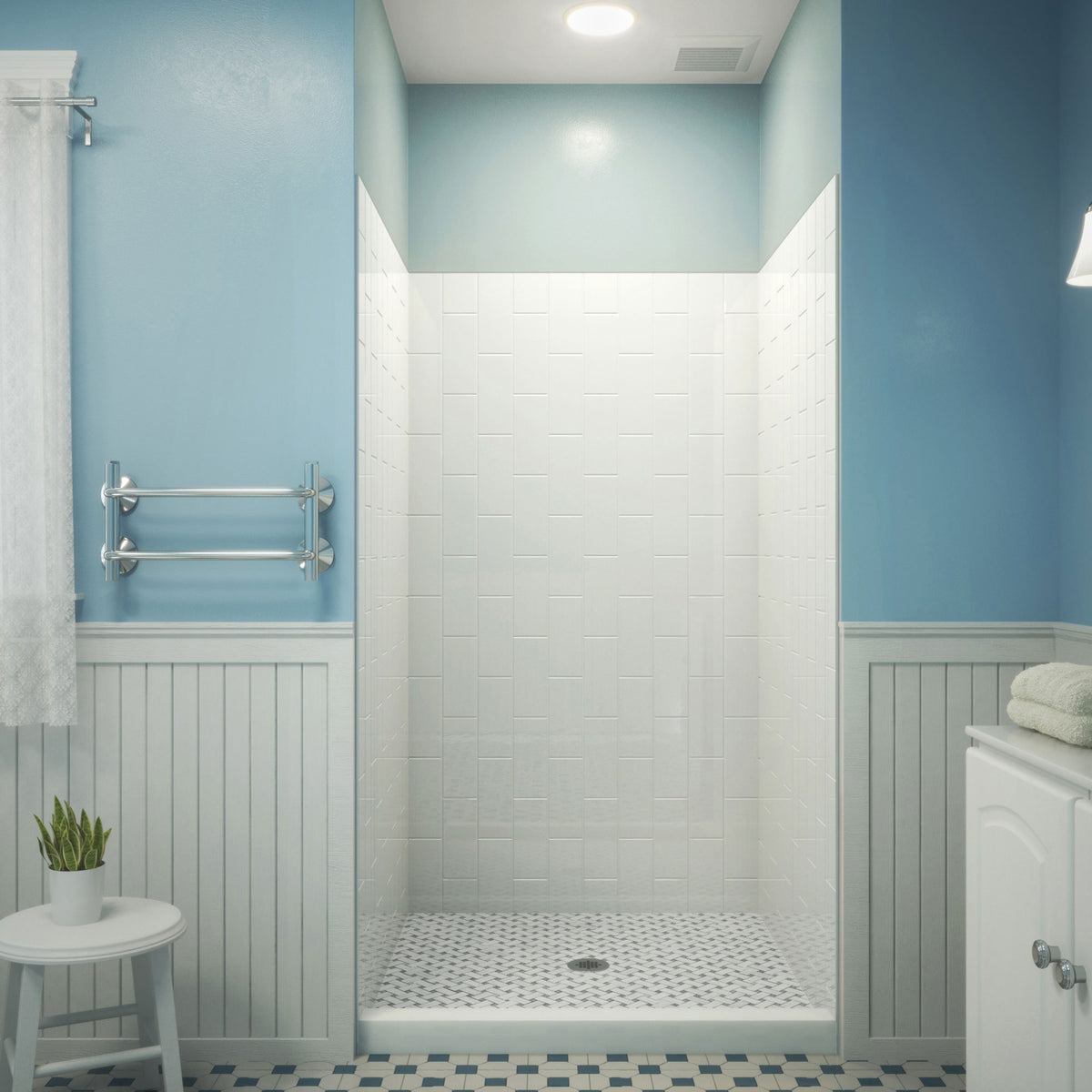 QWALL-VS acrylic alcove shower wall kit in white installed over a square shower base