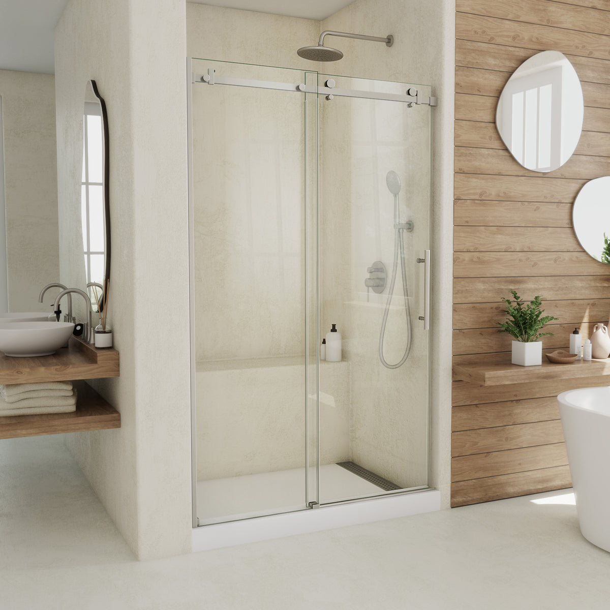 Seneca frameless sliding shower door in brushed stainless steel, 44 to 48 inch size