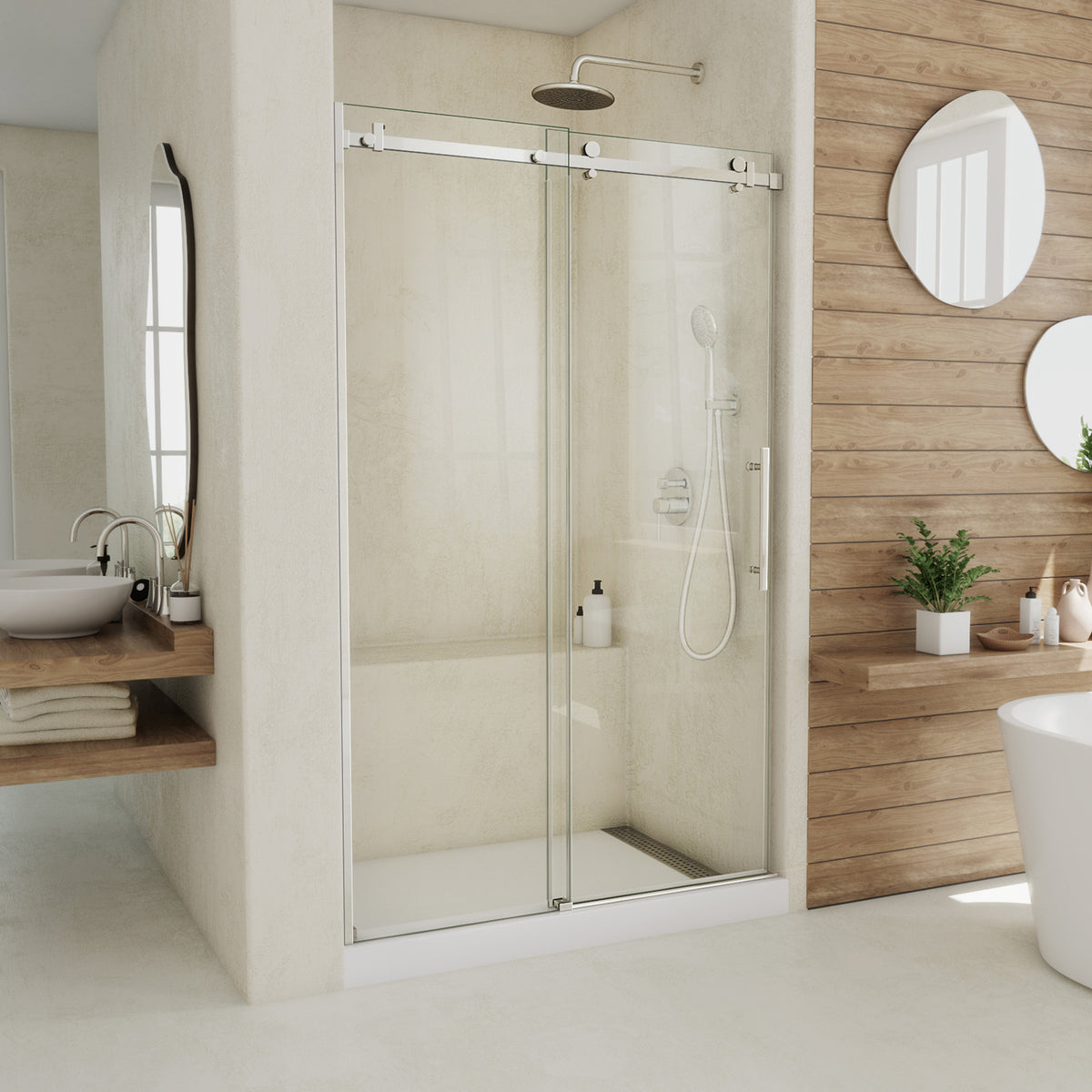 Seneca frameless sliding shower door in polished stainless steel, 44 to 48 inch size