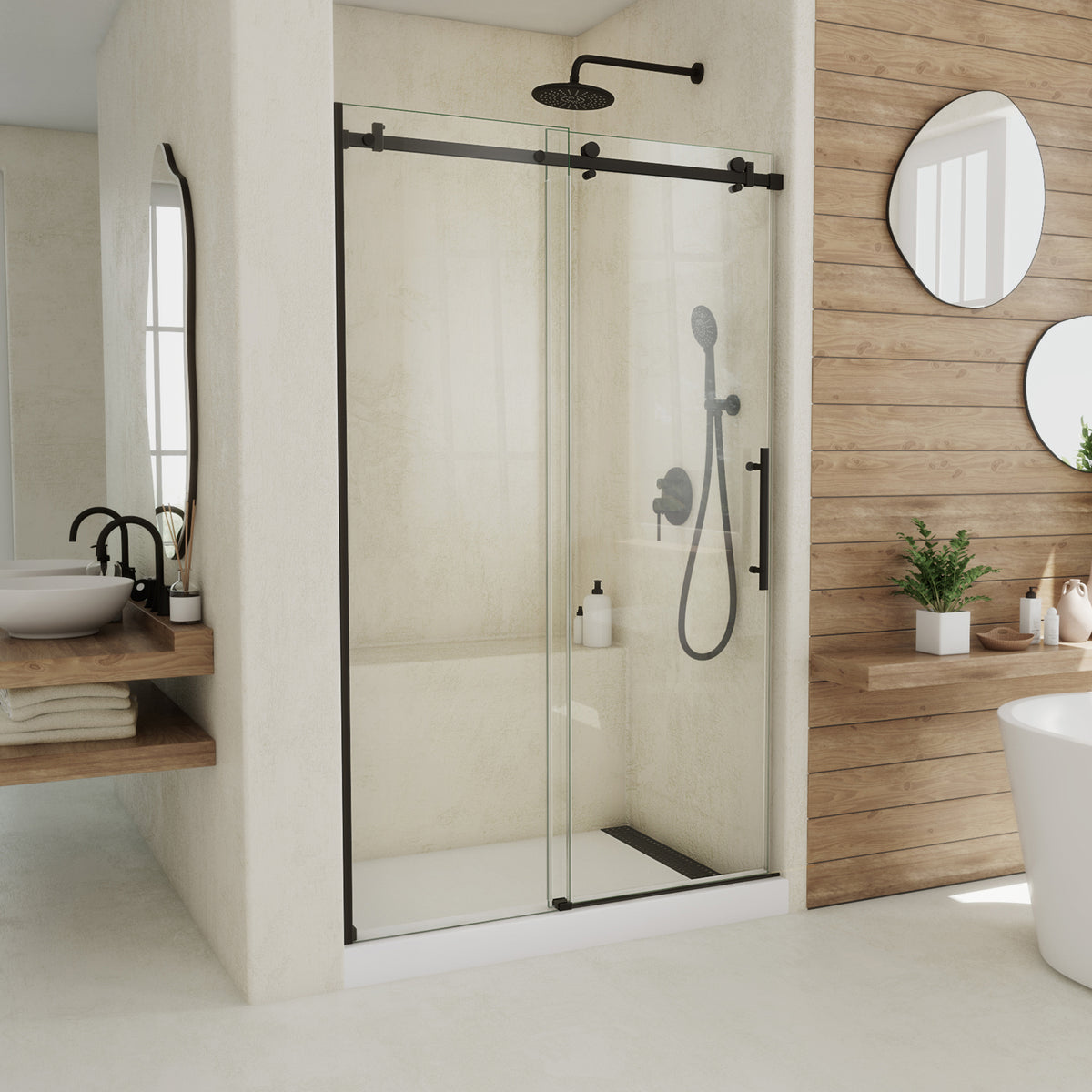 Seneca frameless sliding shower door in satin black, 44 to 48 inch size