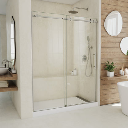 Seneca frameless sliding shower door in brushed stainless steel, 56 to 60 inch size