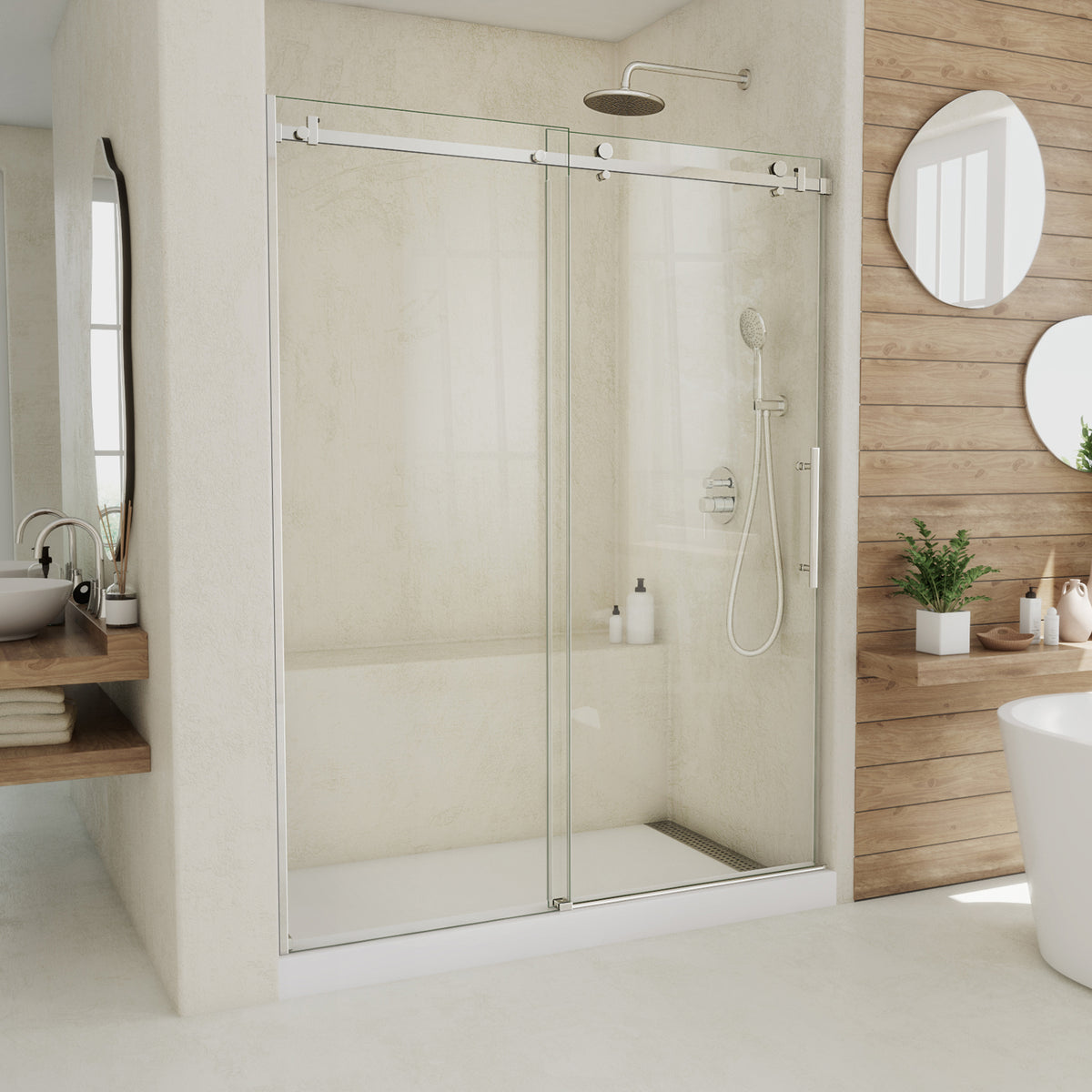 Seneca frameless sliding shower door in polished stainless steel, 56 to 60 inch size