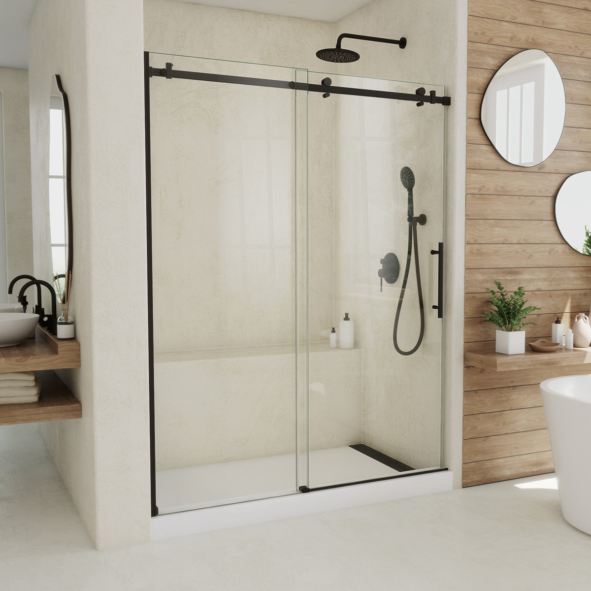 Seneca frameless sliding shower door in satin black, 56 to 60 inch size