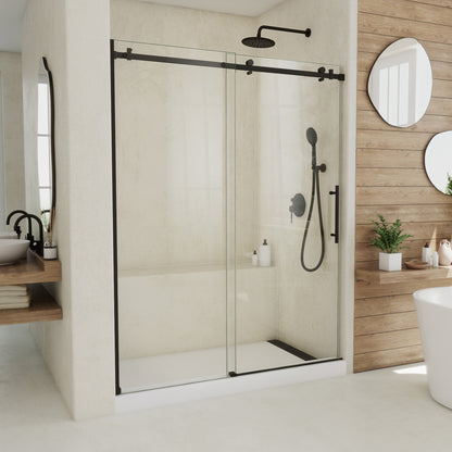Seneca frameless sliding shower door in satin black, 56 to 60 inch size