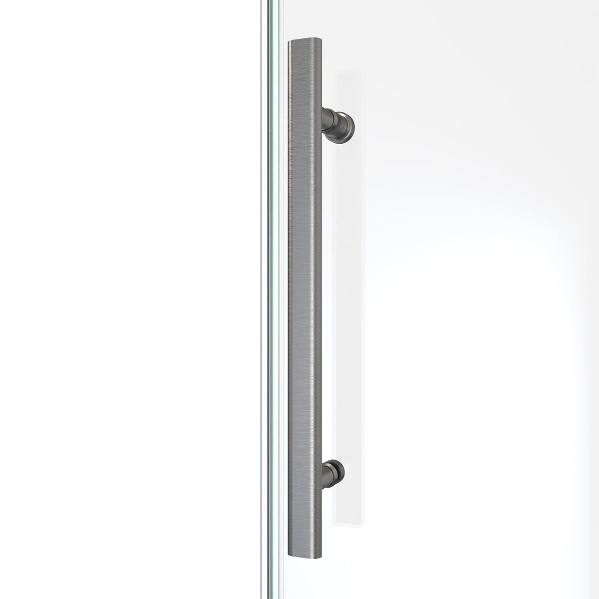Seneca sliding shower door handle detail in brushed stainless steel