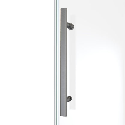 Seneca sliding shower door handle detail in brushed stainless steel
