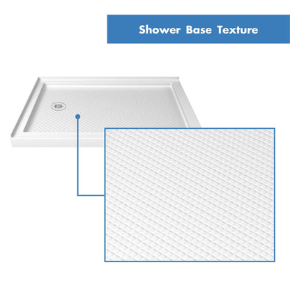 SlimLine double threshold corner acrylic shower base pan in White, close up of the SlipGrip textured floor