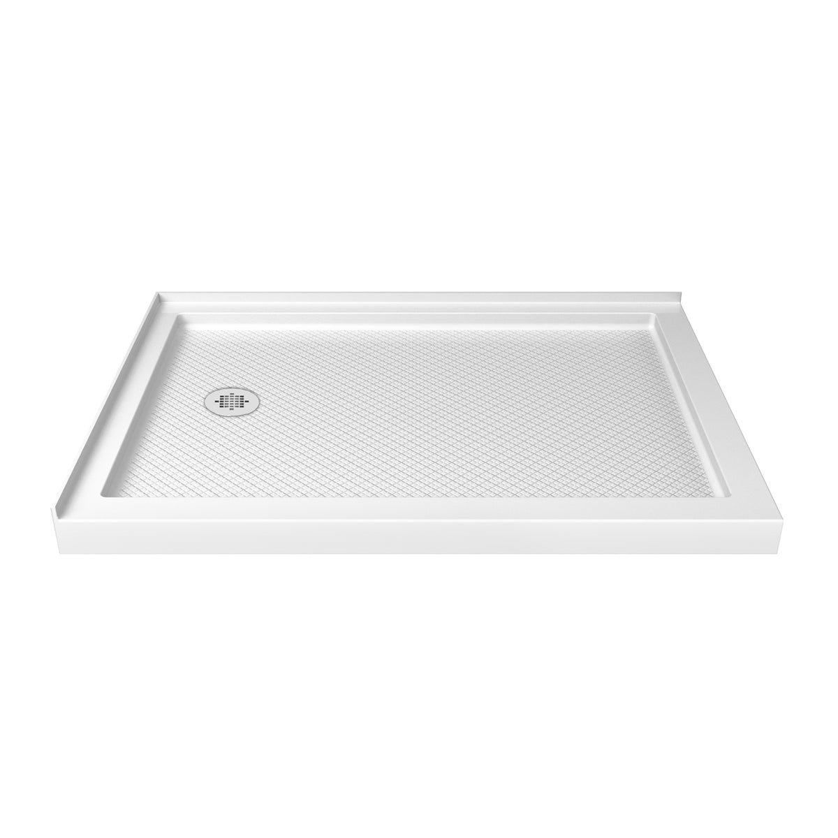 SlimLine double threshold corner acrylic shower base pan in White with left drain