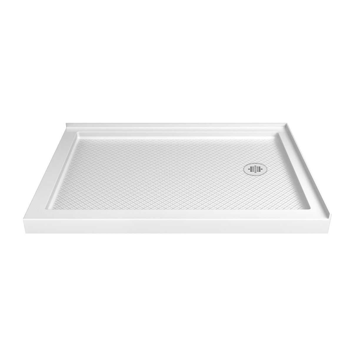 SlimLine double threshold corner acrylic shower base pan in White with right drain