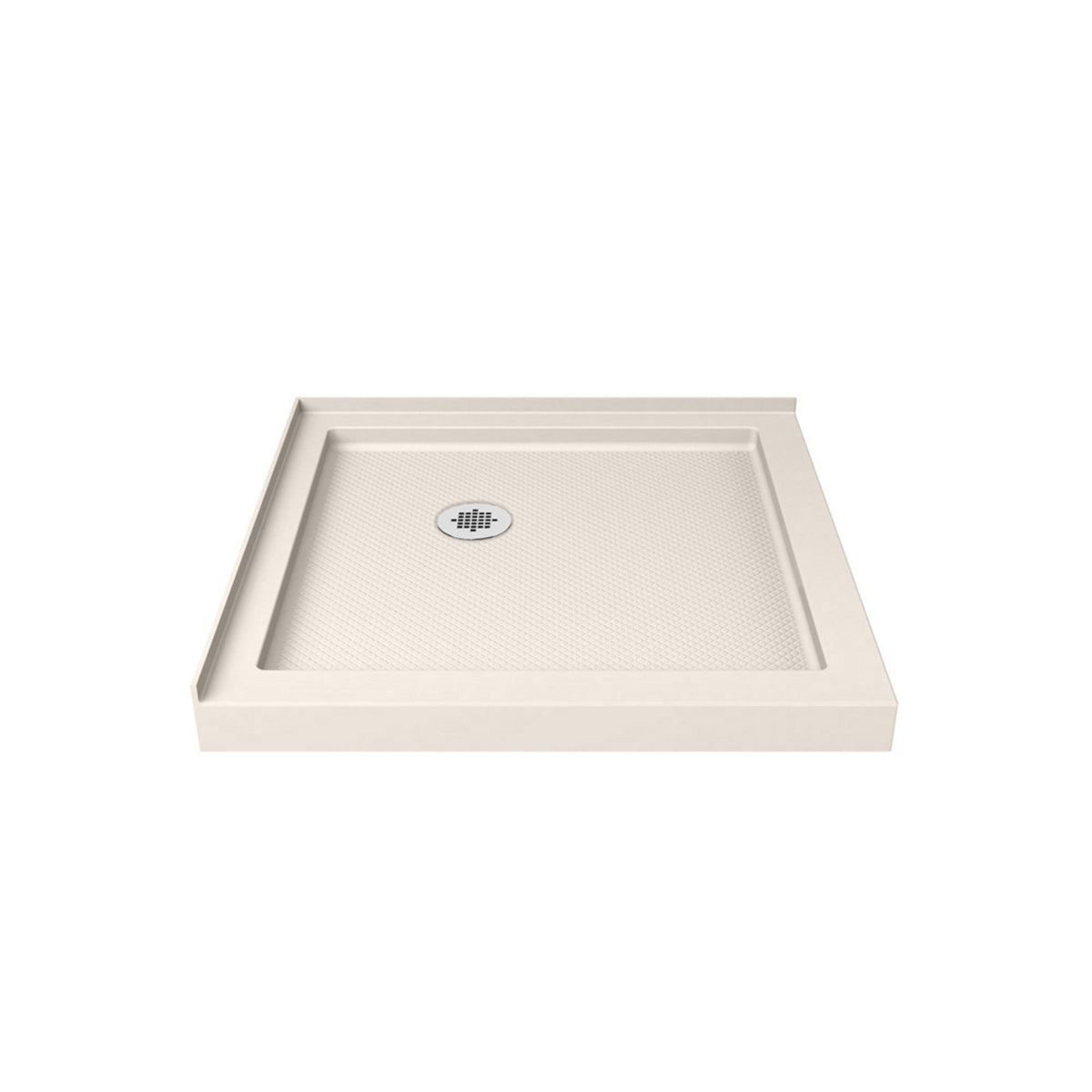 SlimLine double threshold corner acrylic shower base pan in Biscuit with corner drain