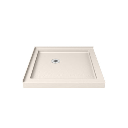 SlimLine double threshold corner acrylic shower base pan in Biscuit with corner drain
