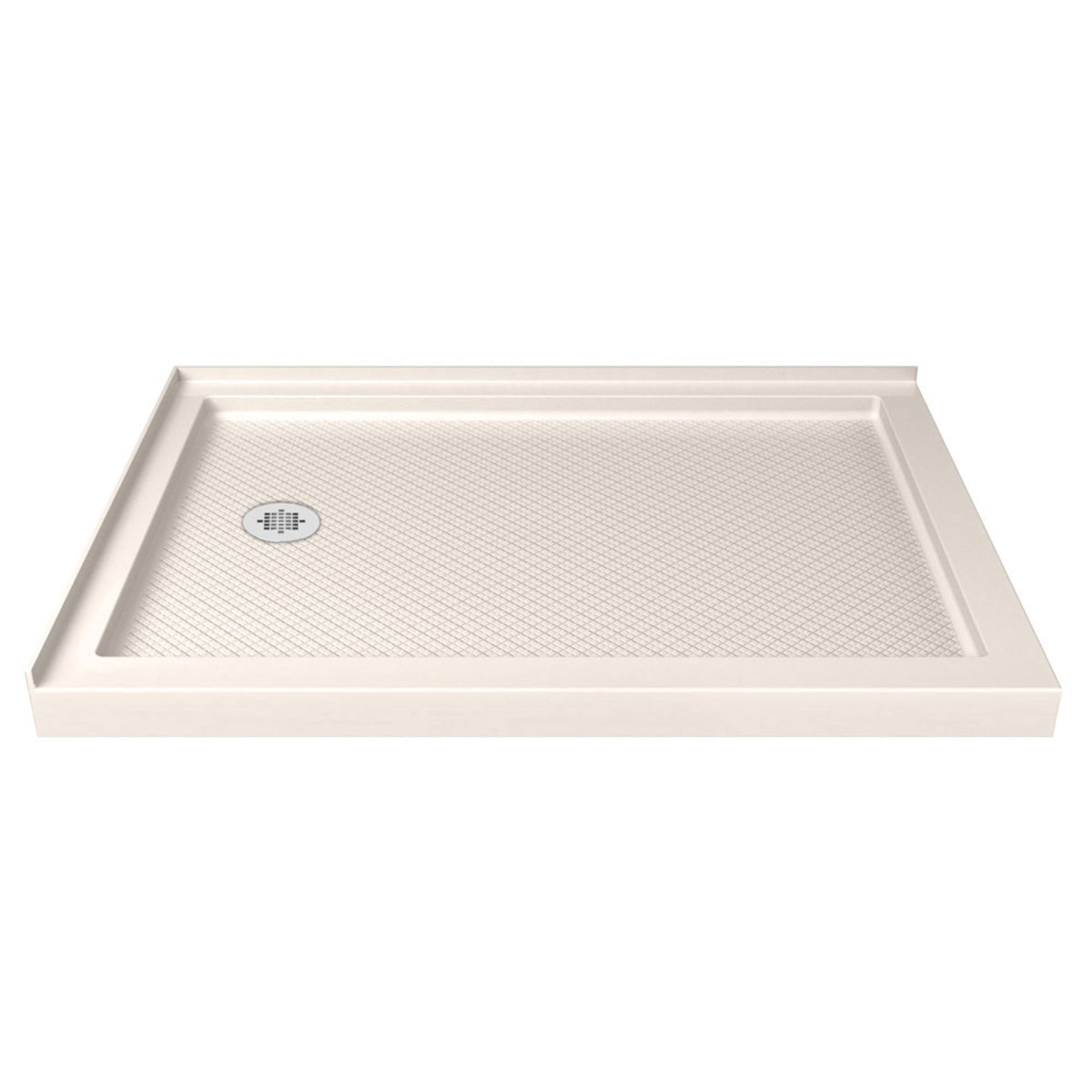 SlimLine double threshold corner acrylic shower base pan in Biscuit with left drain