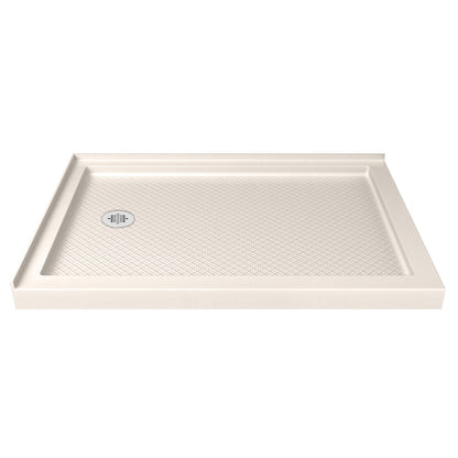 SlimLine double threshold corner acrylic shower base pan in Biscuit with left drain