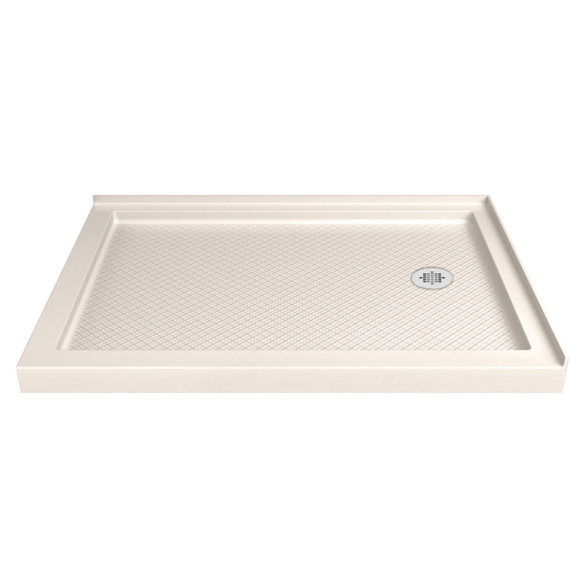 SlimLine double threshold corner acrylic shower base pan in Biscuit with right drain