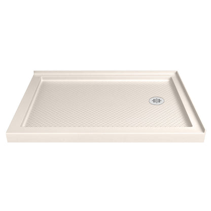 SlimLine double threshold corner acrylic shower base pan in Biscuit with right drain