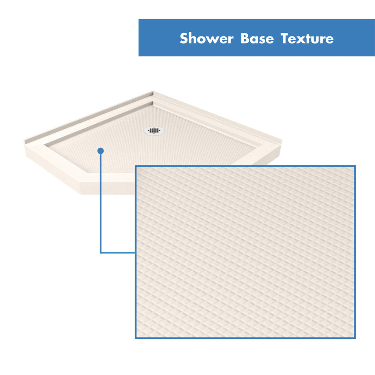 SlimLine neo-angle corner acrylic shower base pan in Biscuit, close up of the SlipGrip textured floor