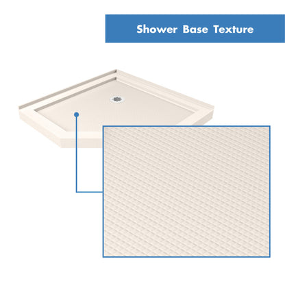 SlimLine neo-angle corner acrylic shower base pan in Biscuit, close up of the SlipGrip textured floor