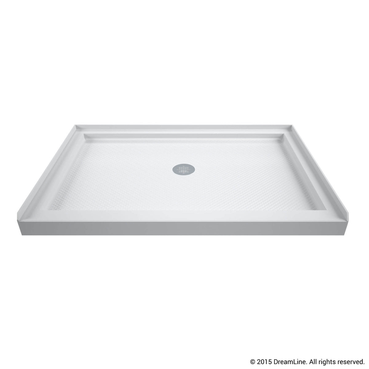 SlimLine single threshold acrylic shower base pan in White with center drain, shorter width