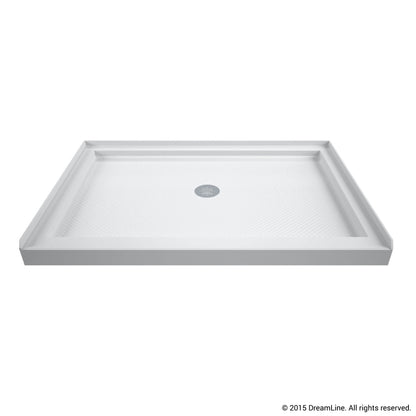 SlimLine single threshold acrylic shower base pan in White with center drain, shorter width