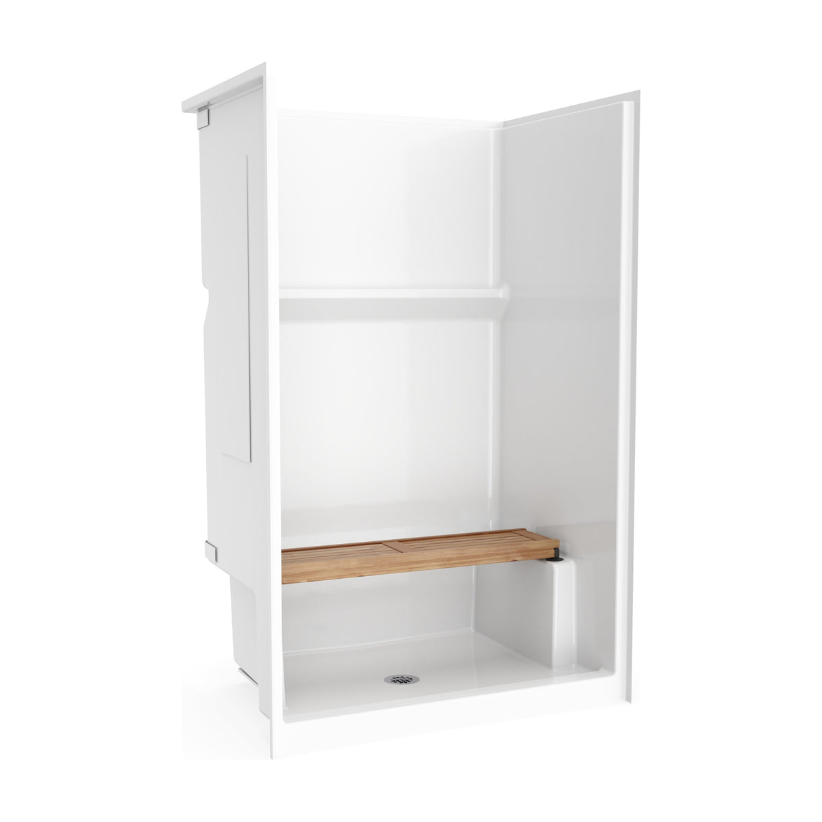 Straight teak shower bench installed in a white shower stall, angled view