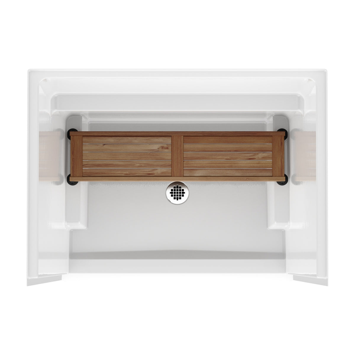 Straight teak shower bench in a white shower stall, top view