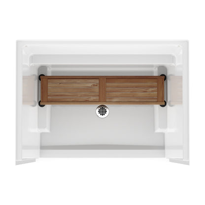 Straight teak shower bench in a white shower stall, top view