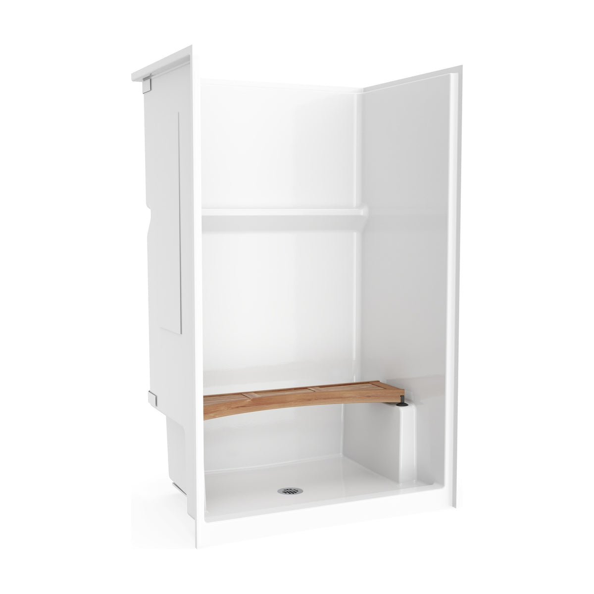 Curved teak shower bench installed in a white shower stall, angled view