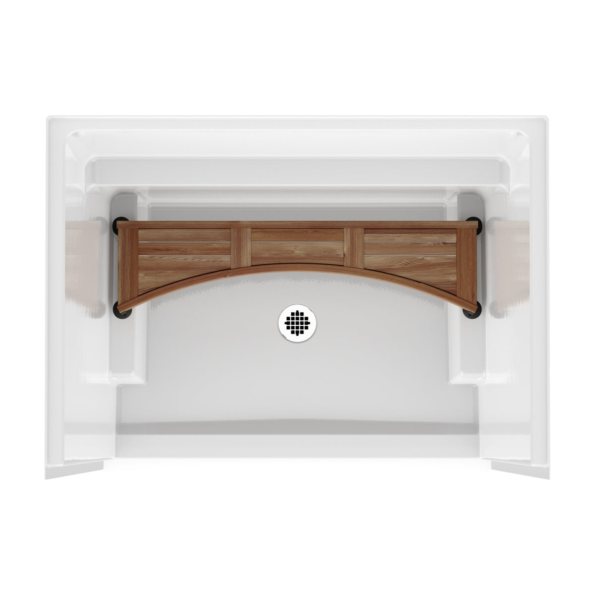 Curved teak shower bench in a white shower stall, top view