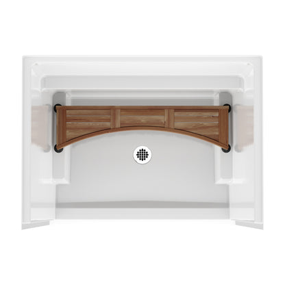 Curved teak shower bench in a white shower stall, top view