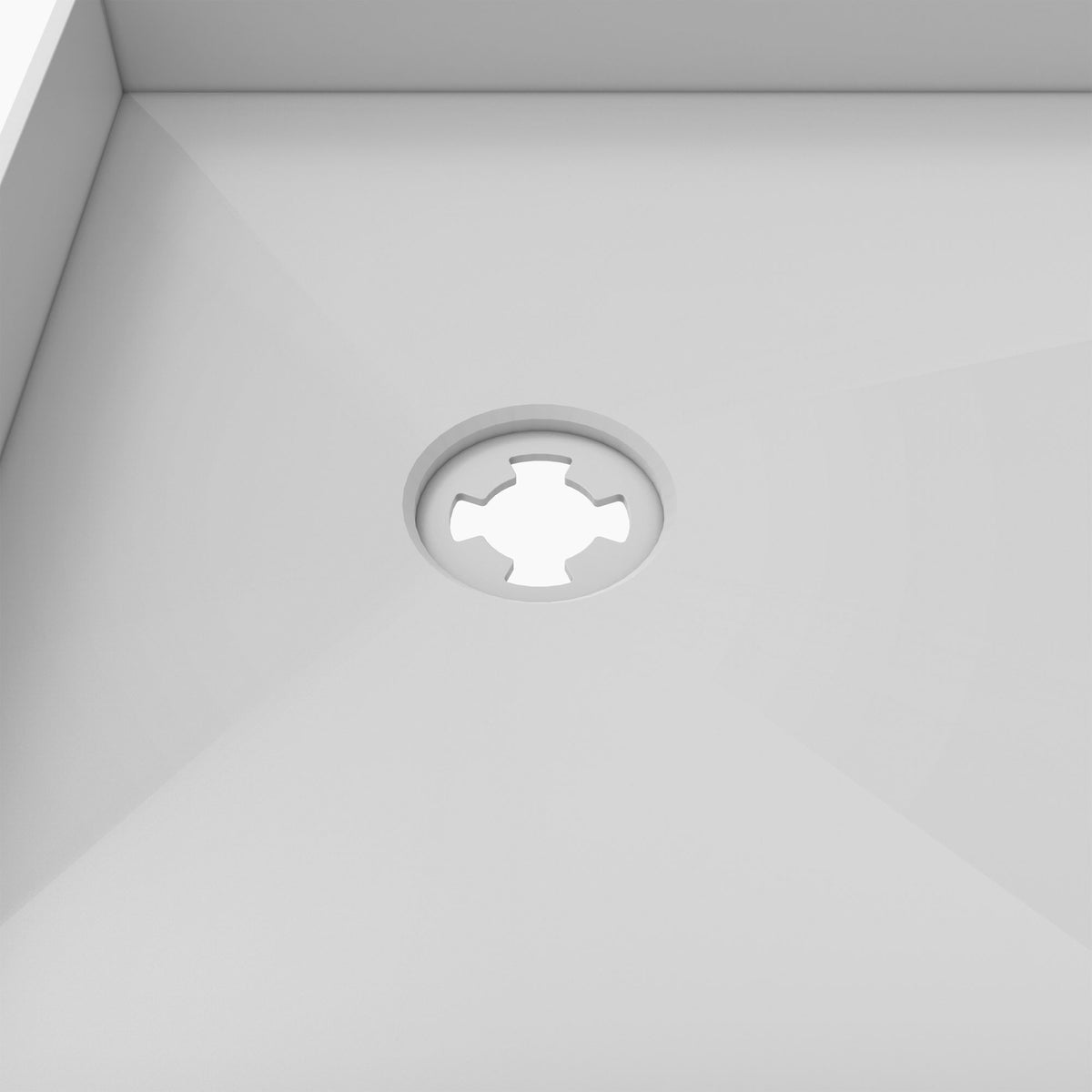 TilePrime single threshold tileable shower base pan close up of the drain opening
