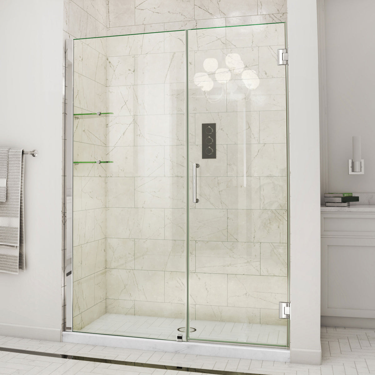 Unidoor Frameless Hinged Shower Door with Stationary Panel and Glass Shelves with 30 inch inline panel in Polished Chrome, installed in a bathroom
