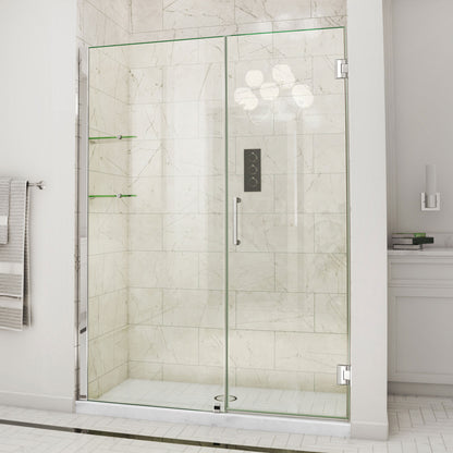 Unidoor Frameless Hinged Shower Door with Stationary Panel and Glass Shelves with 30 inch inline panel in Polished Chrome, installed in a bathroom