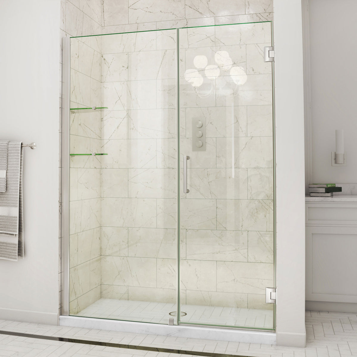 Unidoor Frameless Hinged Shower Door with Stationary Panel and Glass Shelves with 30 inch inline panel in Brushed Nickel, installed in a bathroom