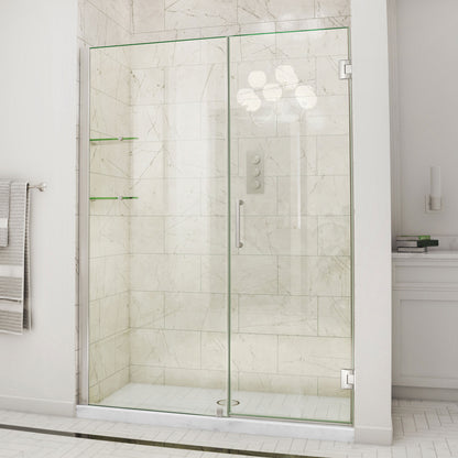 Unidoor Frameless Hinged Shower Door with Stationary Panel and Glass Shelves with 30 inch inline panel in Brushed Nickel, installed in a bathroom
