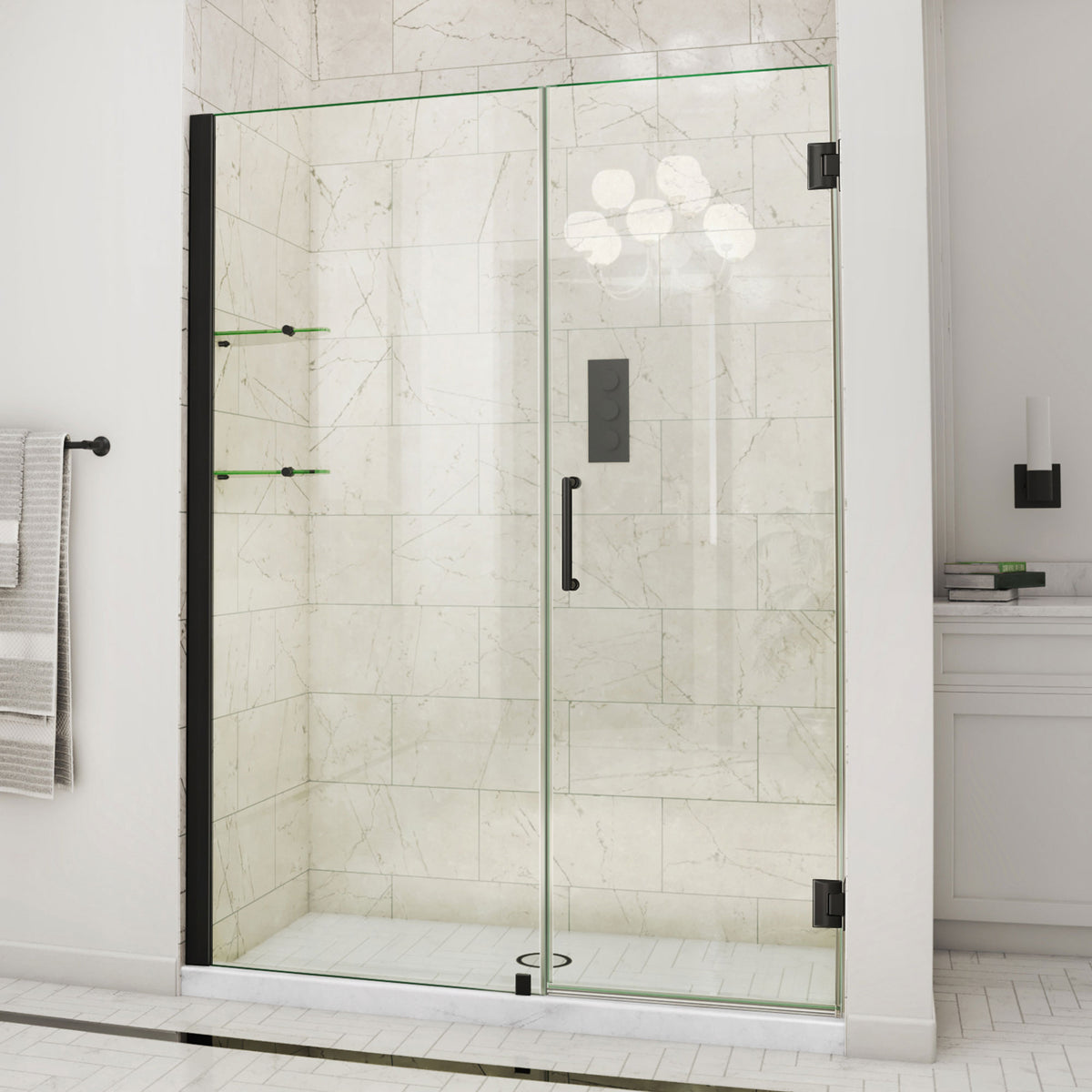 Unidoor Frameless Hinged Shower Door with Stationary Panel and Glass Shelves with 30 inch inline panel in Satin Black, installed in a bathroom