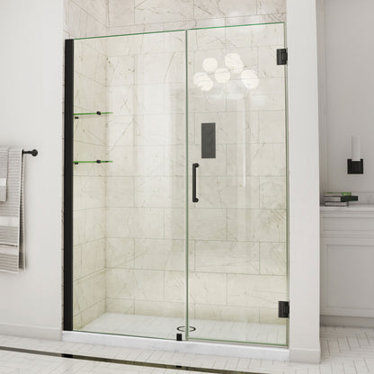 Unidoor Frameless Hinged Shower Door with Stationary Panel and Glass Shelves with 30 inch inline panel in Satin Black, installed in a bathroom