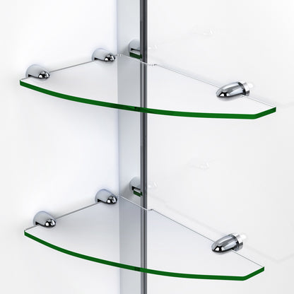 Glass shelves on the inline panel of the Unidoor Frameless Hinged Shower Door with Stationary Panel and Glass Shelves
