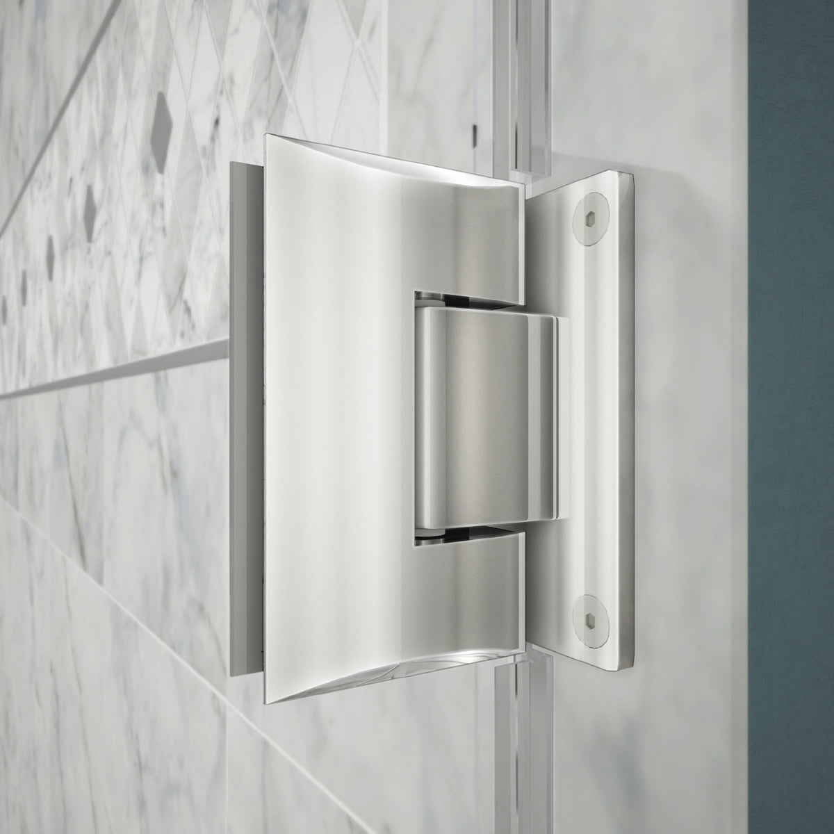 Solid brass wall to glass hinge on the Unidoor Frameless Hinged Shower Door with Stationary Panel and Glass Shelves in Polished Chrome