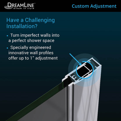 Wall profile adjustment for uneven walls on the Unidoor Frameless Hinged Shower Door with Stationary Panel and Glass Shelves