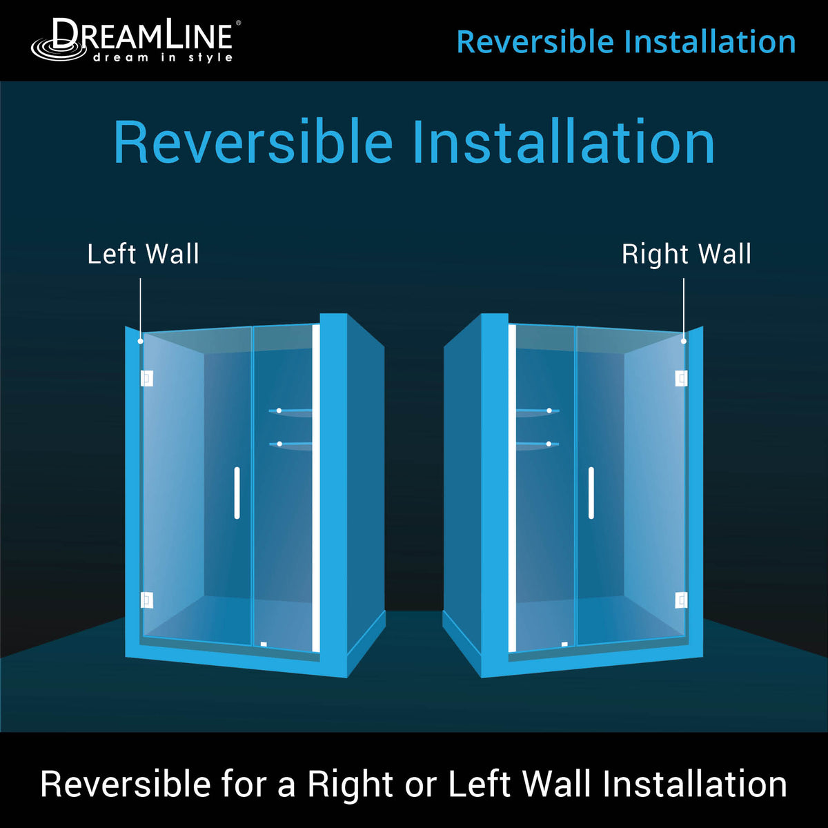 Reversible left or right installation of the Unidoor Frameless Hinged Shower Door with Stationary Panel and Glass Shelves