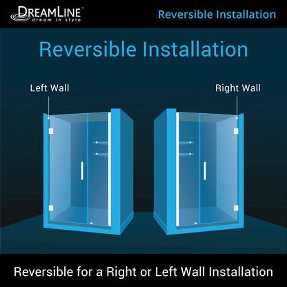 Reversible left or right installation of the Unidoor Frameless Hinged Shower Door with Stationary Panel and Glass Shelves