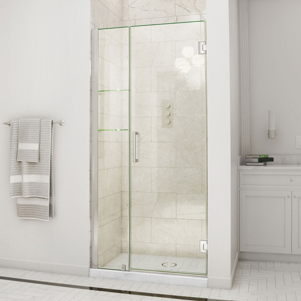 Unidoor Frameless Hinged Shower Door with Stationary Panel and Glass Shelves with 12 inch inline panel in Brushed Nickel, installed in a bathroom
