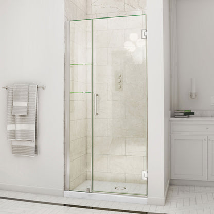 Unidoor Frameless Hinged Shower Door with Stationary Panel and Glass Shelves with 12 inch inline panel in Brushed Nickel, installed in a bathroom
