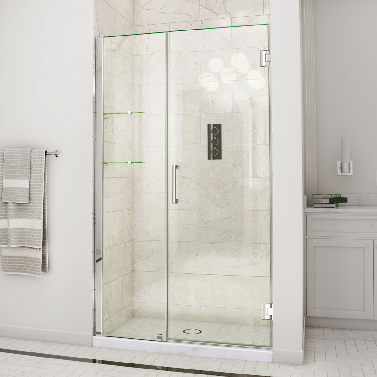 Unidoor Frameless Hinged Shower Door with Stationary Panel and Glass Shelves with 18 inch inline panel in Polished Chrome, installed in a bathroom
