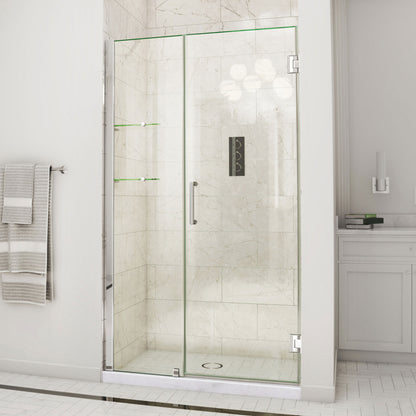 Unidoor Frameless Hinged Shower Door with Stationary Panel and Glass Shelves with 18 inch inline panel in Polished Chrome, installed in a bathroom