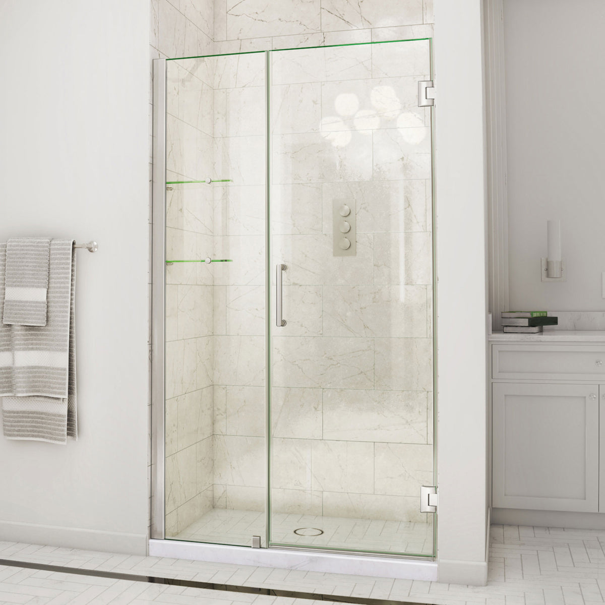 Unidoor Frameless Hinged Shower Door with Stationary Panel and Glass Shelves with 18 inch inline panel in Brushed Nickel, installed in a bathroom