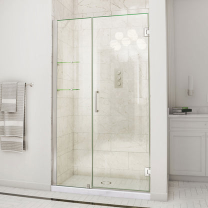 Unidoor Frameless Hinged Shower Door with Stationary Panel and Glass Shelves with 18 inch inline panel in Brushed Nickel, installed in a bathroom